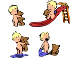 Baby holding teddy, coming down a slide, and with wet nappy